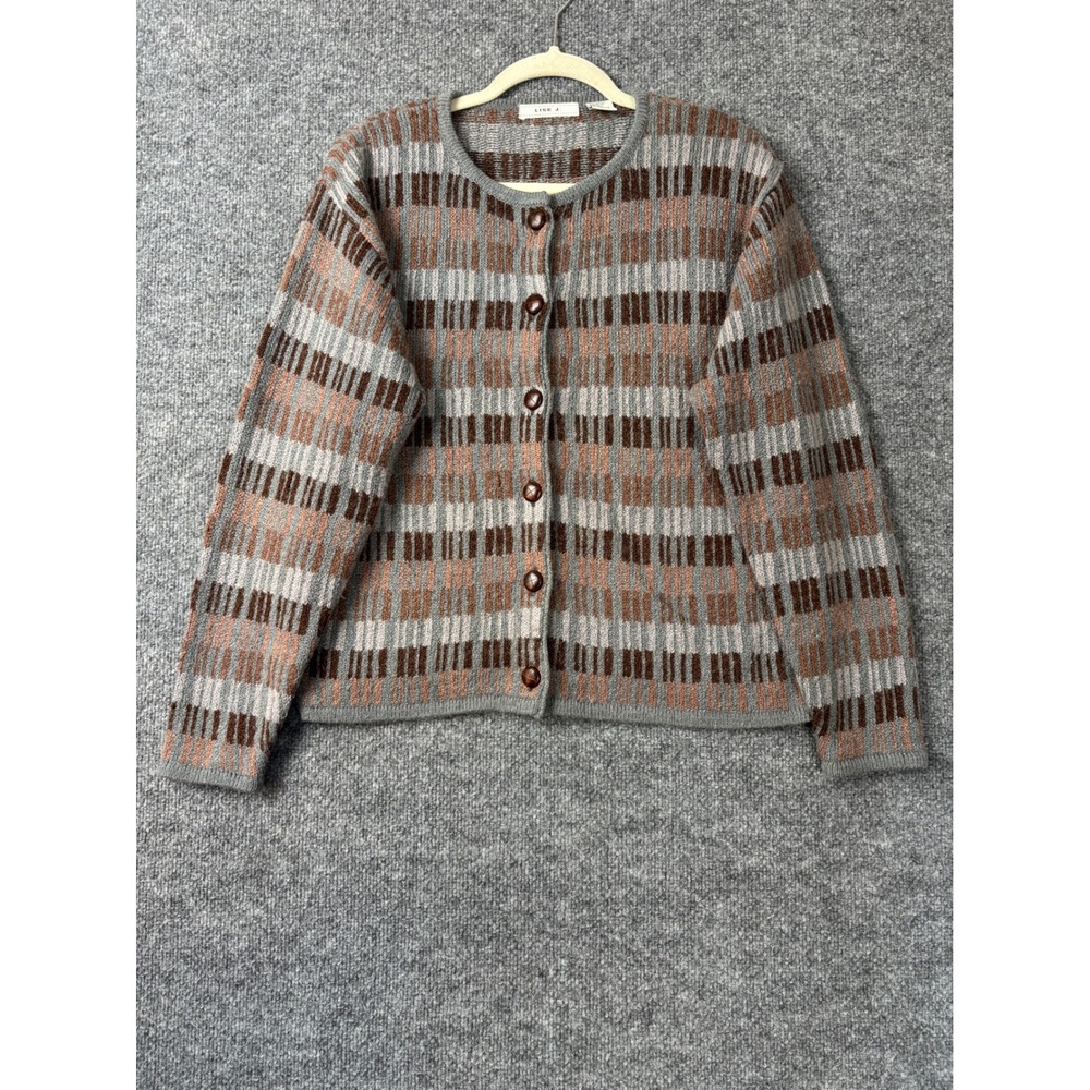 Lise J Cardigan Womens Large Grey Brown Button Front Crew Neck Knit Vintage